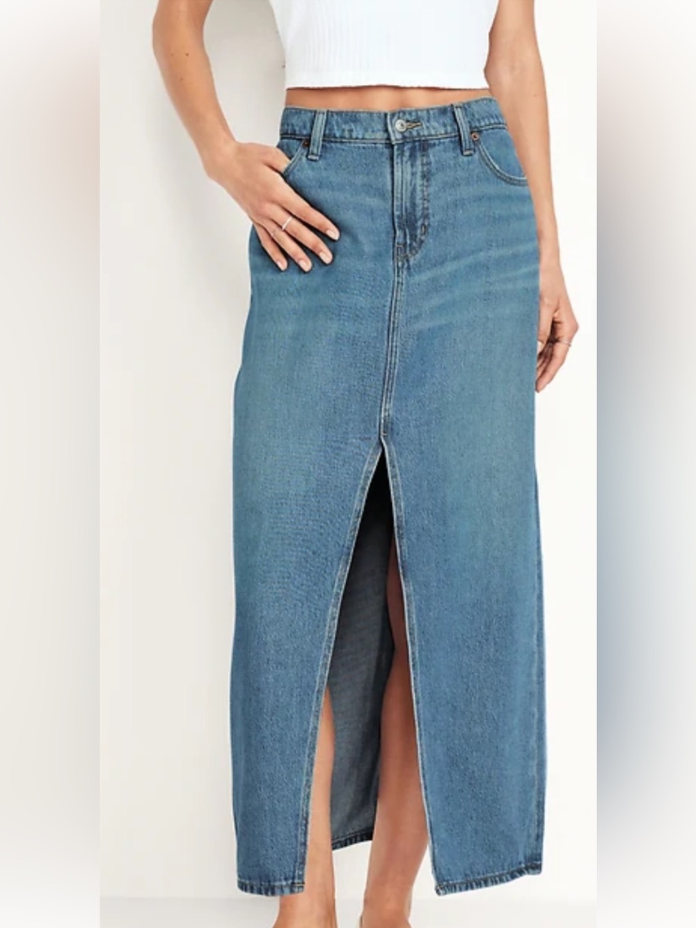 Classic Old Navy Blue Denim Maxi Skirt with Front Slit